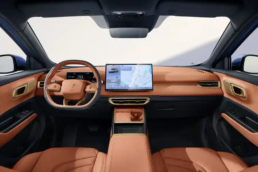 An image of the Neta X interior showing the electric SUV's steering wheel, instrument cluster, and infotainment system